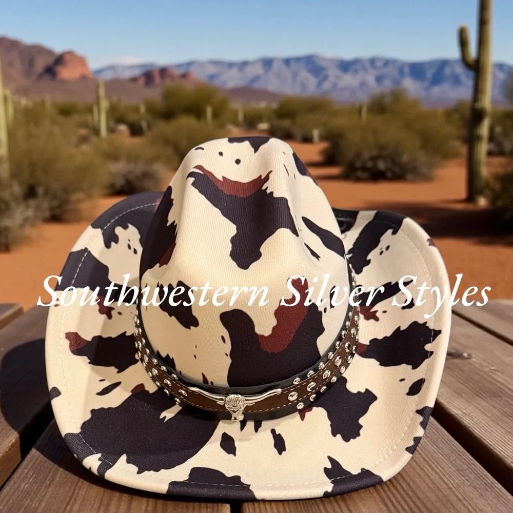 NEW Southwestern Cowhide Print Vegan Suede Leather Light Tan Brown Cowboy Hat